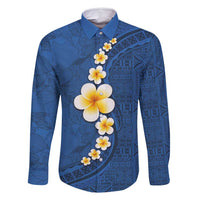 Polynesian Hibiscus and Plumeria with Tapa Pattern Family Matching Tank Maxi Dress and Hawaiian Shirt Blue Color