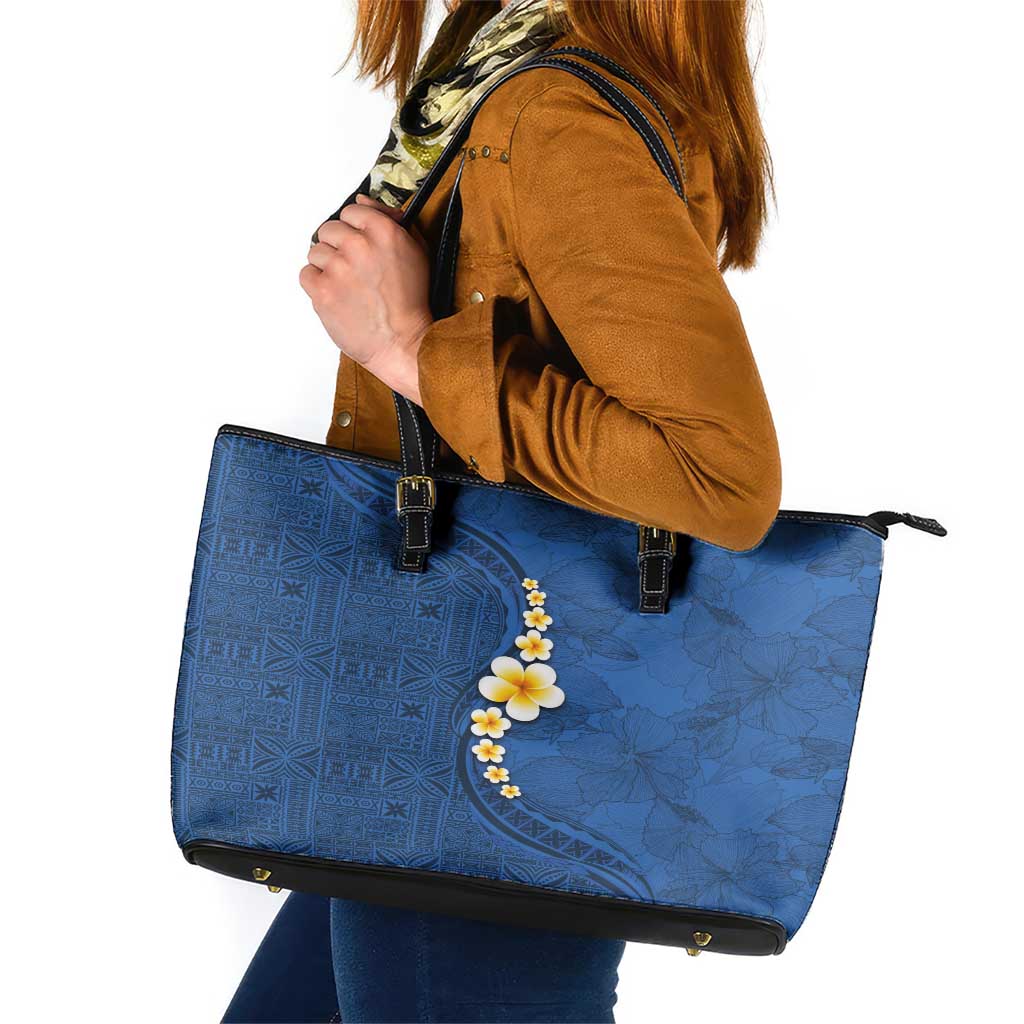 Polynesian Hibiscus and Plumeria with Tapa Pattern Leather Tote Bag Blue Color LT03 Blue - Polynesian Pride