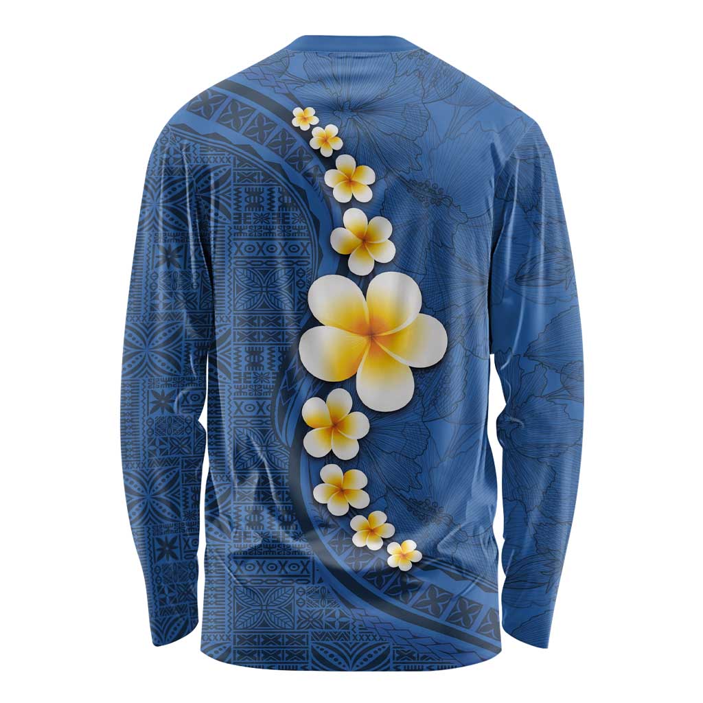 Polynesian Hibiscus and Plumeria with Tapa Pattern Long Sleeve Shirt Blue Color