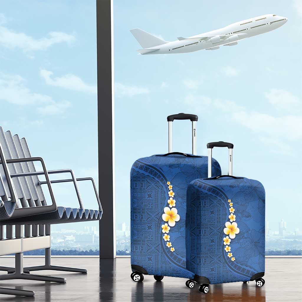 Polynesian Hibiscus and Plumeria with Tapa Pattern Luggage Cover Blue Color