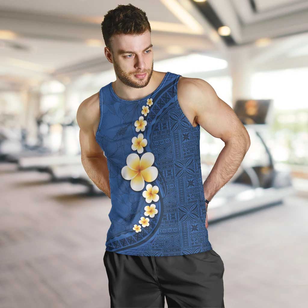 Polynesian Hibiscus and Plumeria with Tapa Pattern Men Tank Top Blue Color