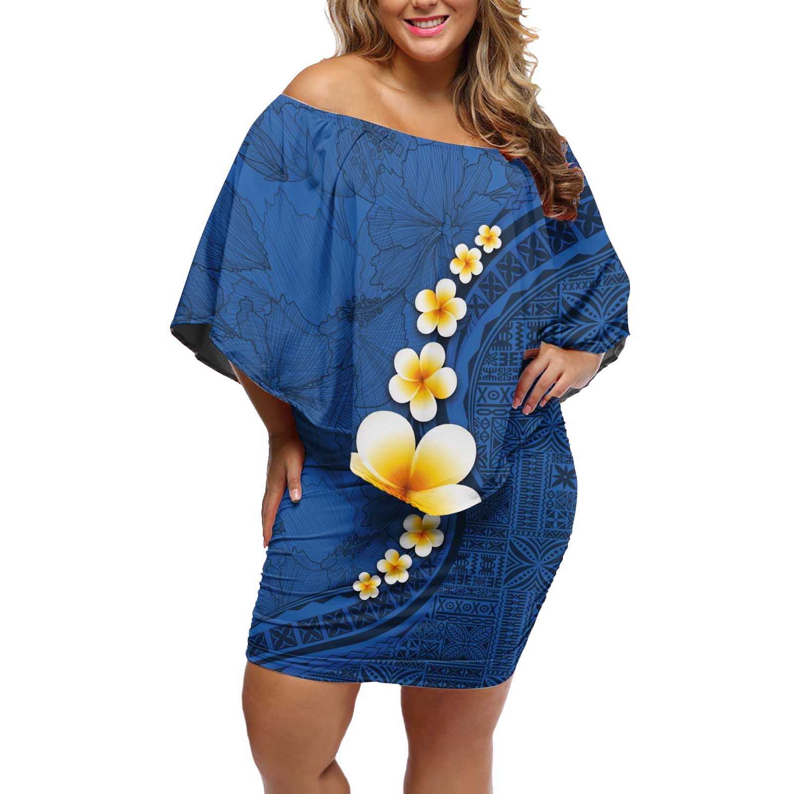 Polynesian Hibiscus and Plumeria with Tapa Pattern Off Shoulder Short Dress Blue Color