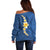 Polynesian Hibiscus and Plumeria with Tapa Pattern Off Shoulder Sweater Blue Color