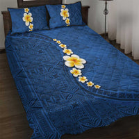Polynesian Hibiscus and Plumeria with Tapa Pattern Quilt Bed Set Blue Color