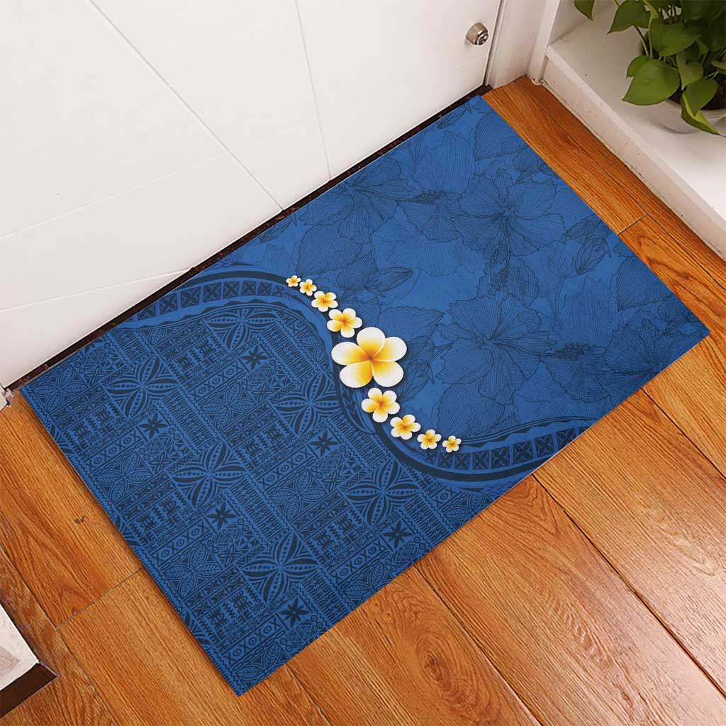 Polynesian Hibiscus and Plumeria with Tapa Pattern Rubber Doormat Blue Color LT03 - Polynesian Pride