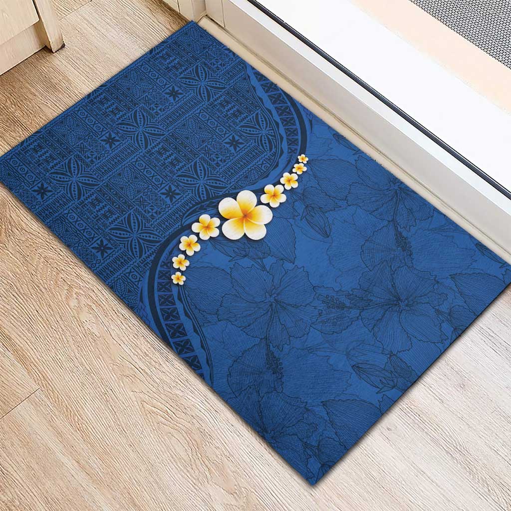 Polynesian Hibiscus and Plumeria with Tapa Pattern Rubber Doormat Blue Color LT03 - Polynesian Pride