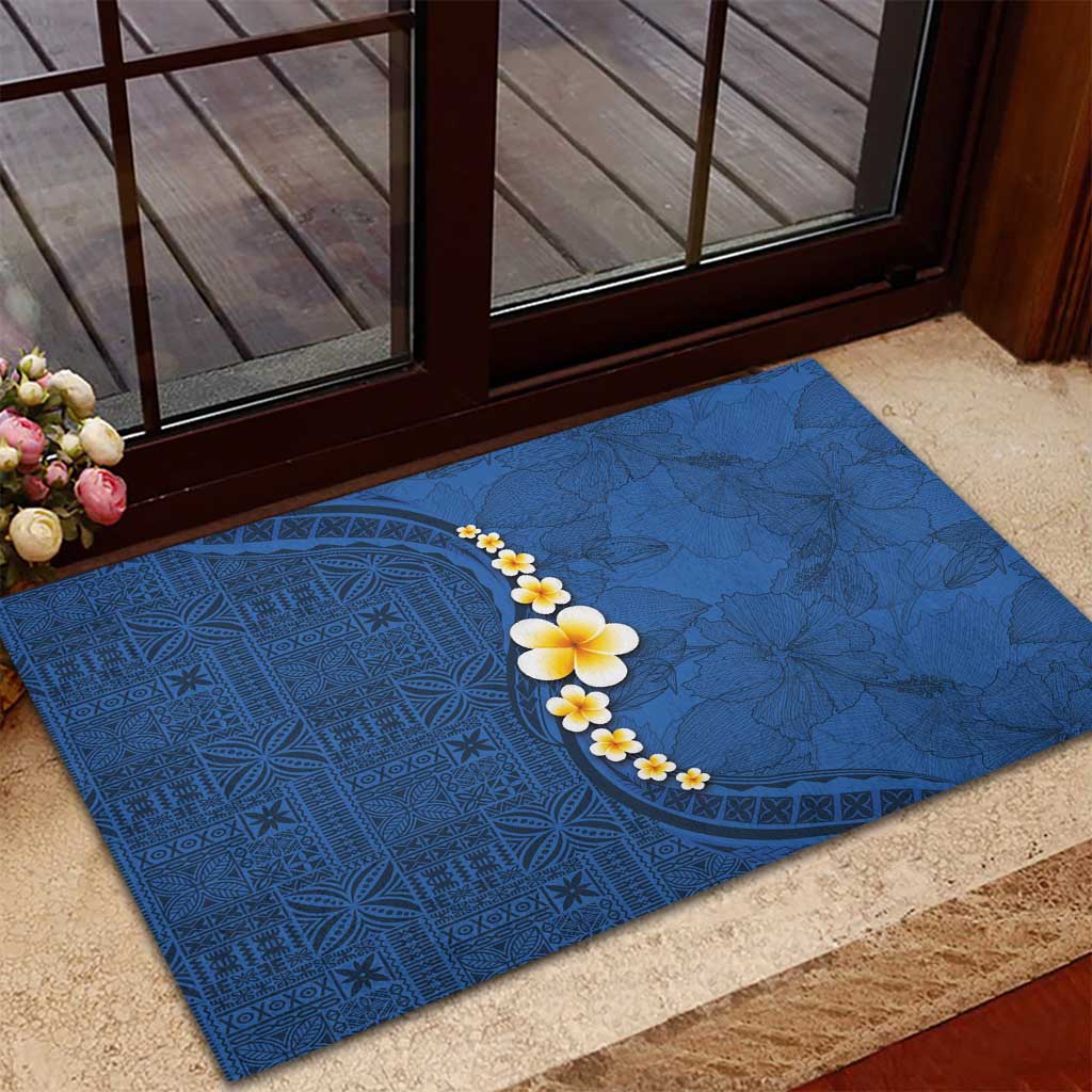Polynesian Hibiscus and Plumeria with Tapa Pattern Rubber Doormat Blue Color LT03 - Polynesian Pride