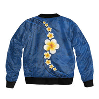 Polynesian Hibiscus and Plumeria with Tapa Pattern Sleeve Zip Bomber Jacket Blue Color