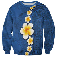 Polynesian Hibiscus and Plumeria with Tapa Pattern Sweatshirt Blue Color