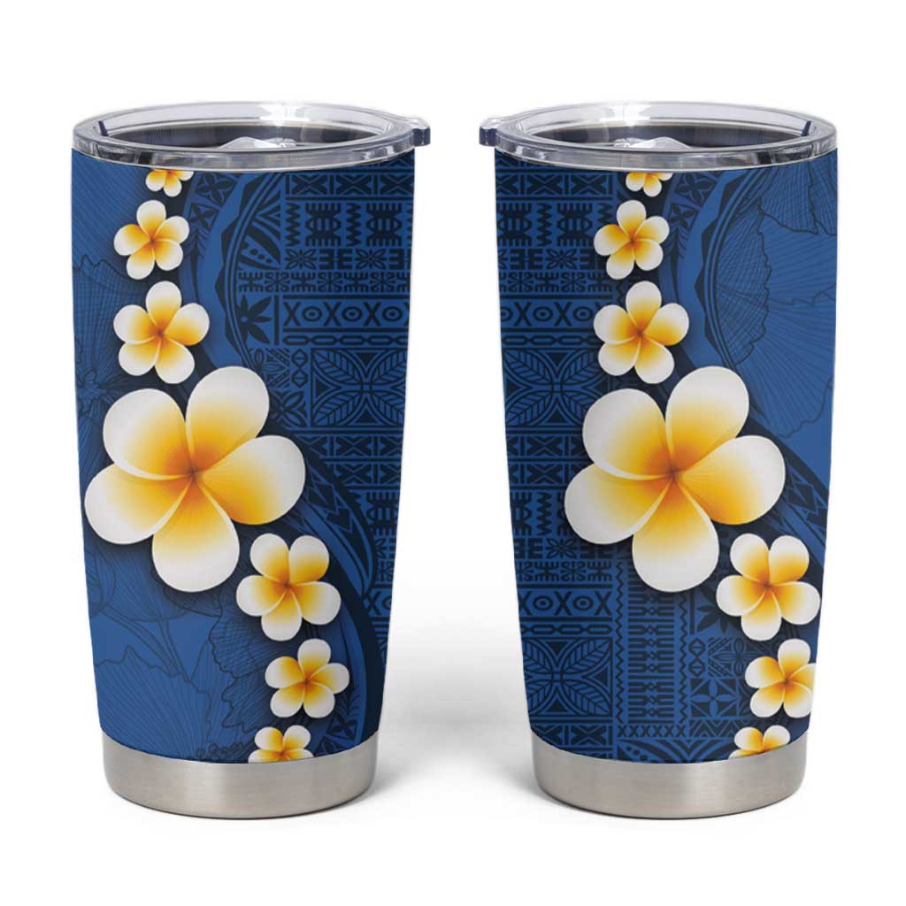 Polynesian Hibiscus and Plumeria with Tapa Pattern Tumbler Cup Blue Color