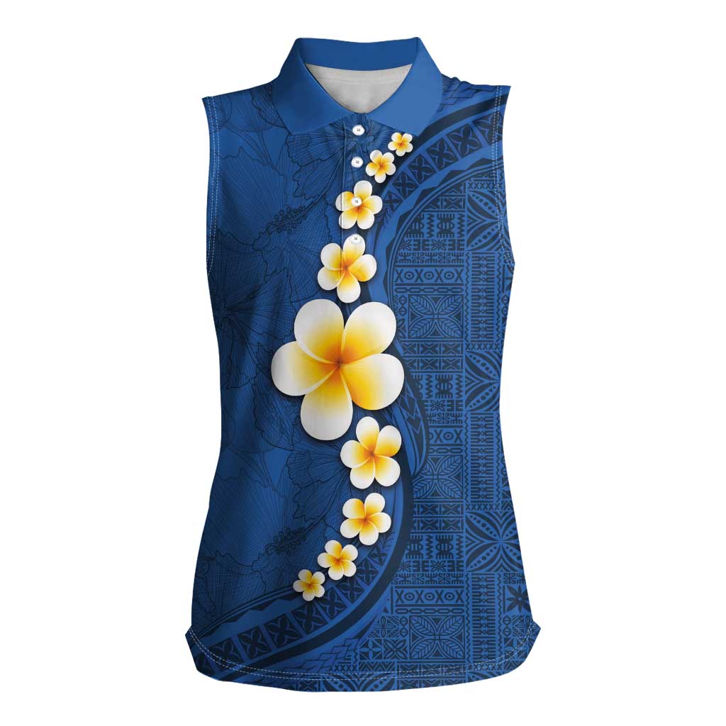 Polynesian Hibiscus and Plumeria with Tapa Pattern Women Sleeveless Polo Shirt Blue Color LT03 Female Blue - Polynesian Pride