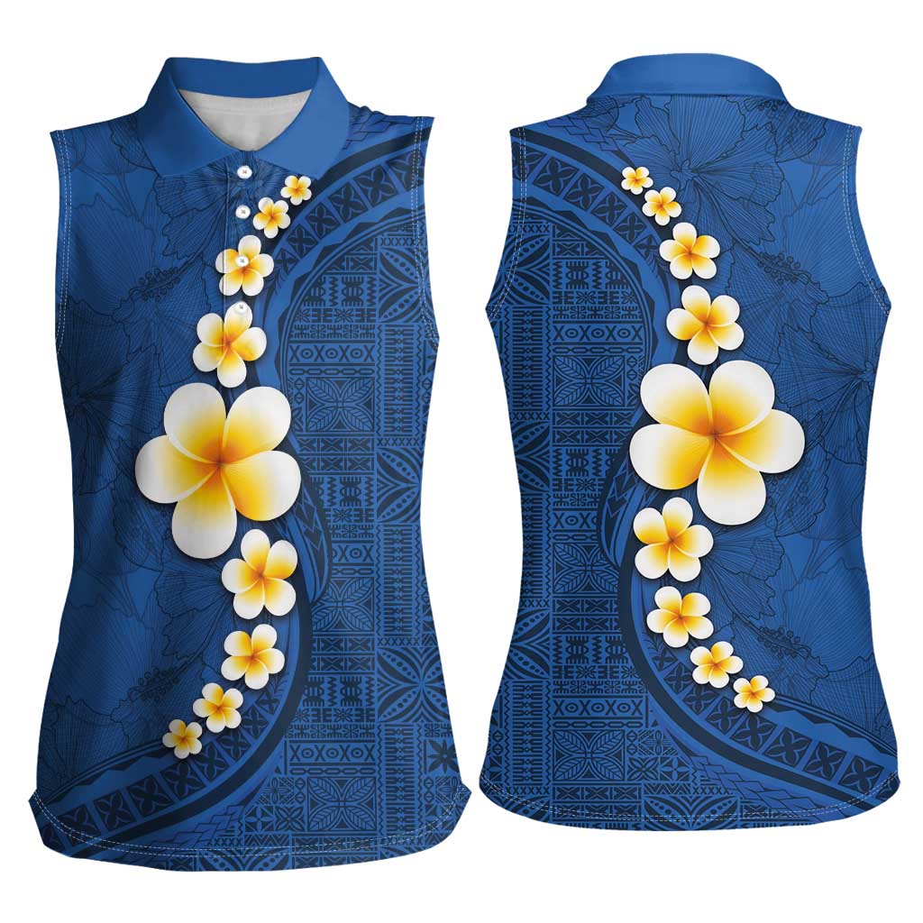 Polynesian Hibiscus and Plumeria with Tapa Pattern Women Sleeveless Polo Shirt Blue Color LT03 - Polynesian Pride