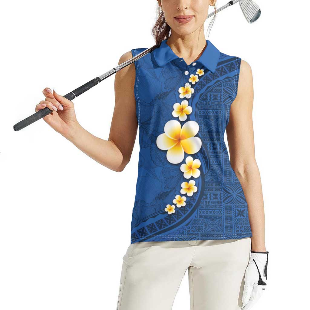Polynesian Hibiscus and Plumeria with Tapa Pattern Women Sleeveless Polo Shirt Blue Color LT03 - Polynesian Pride