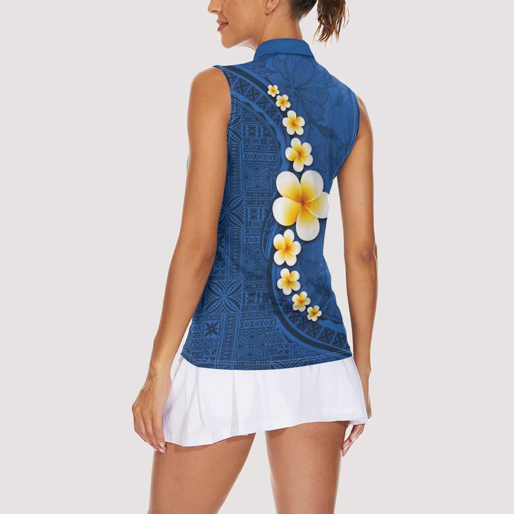 Polynesian Hibiscus and Plumeria with Tapa Pattern Women Sleeveless Polo Shirt Blue Color LT03 - Polynesian Pride