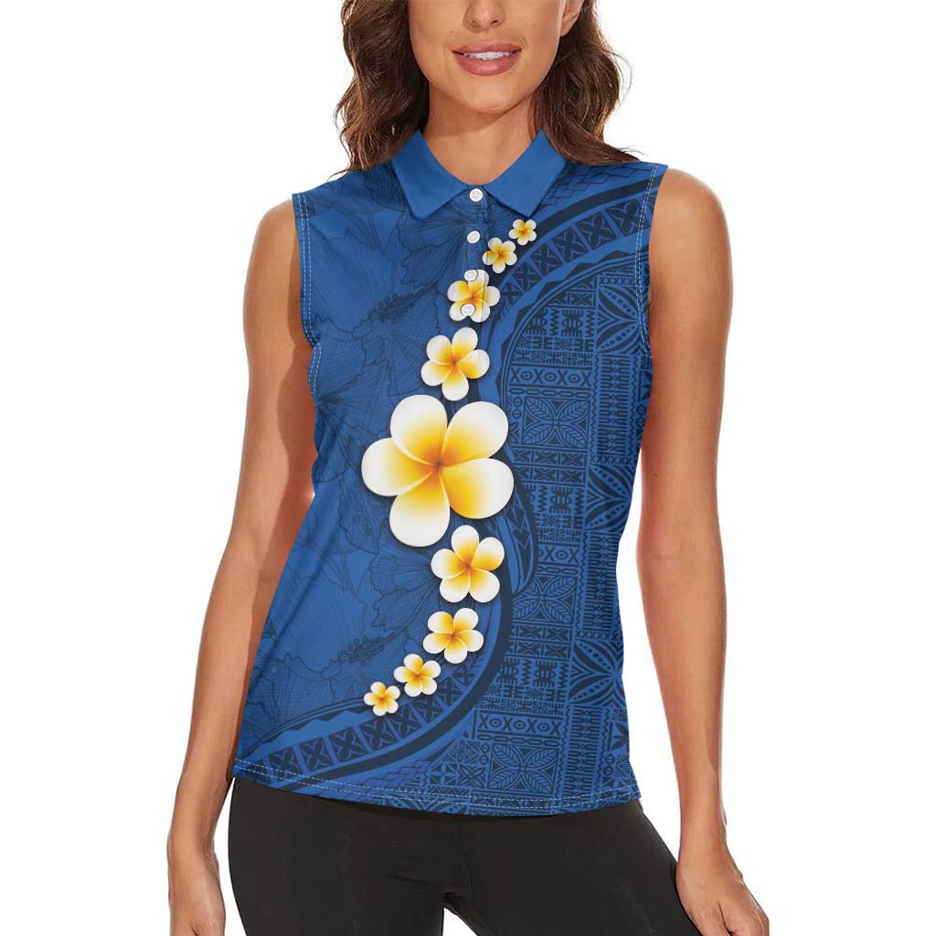 Polynesian Hibiscus and Plumeria with Tapa Pattern Women Sleeveless Polo Shirt Blue Color LT03 - Polynesian Pride