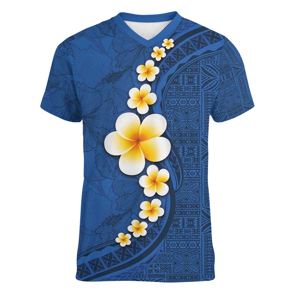 Polynesian Hibiscus and Plumeria with Tapa Pattern Women V-Neck T-Shirt Blue Color LT03 Female Blue - Polynesian Pride