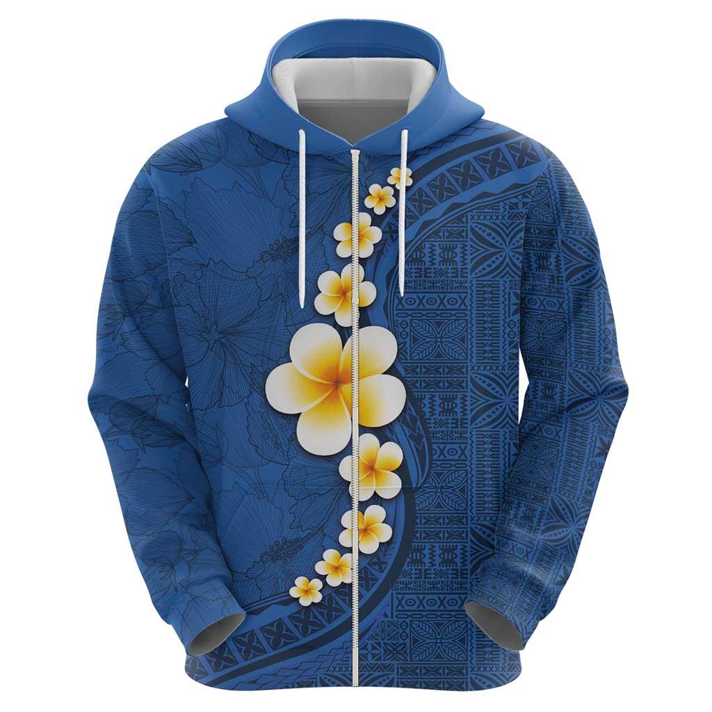 Polynesian Hibiscus and Plumeria with Tapa Pattern Zip Hoodie Blue Color