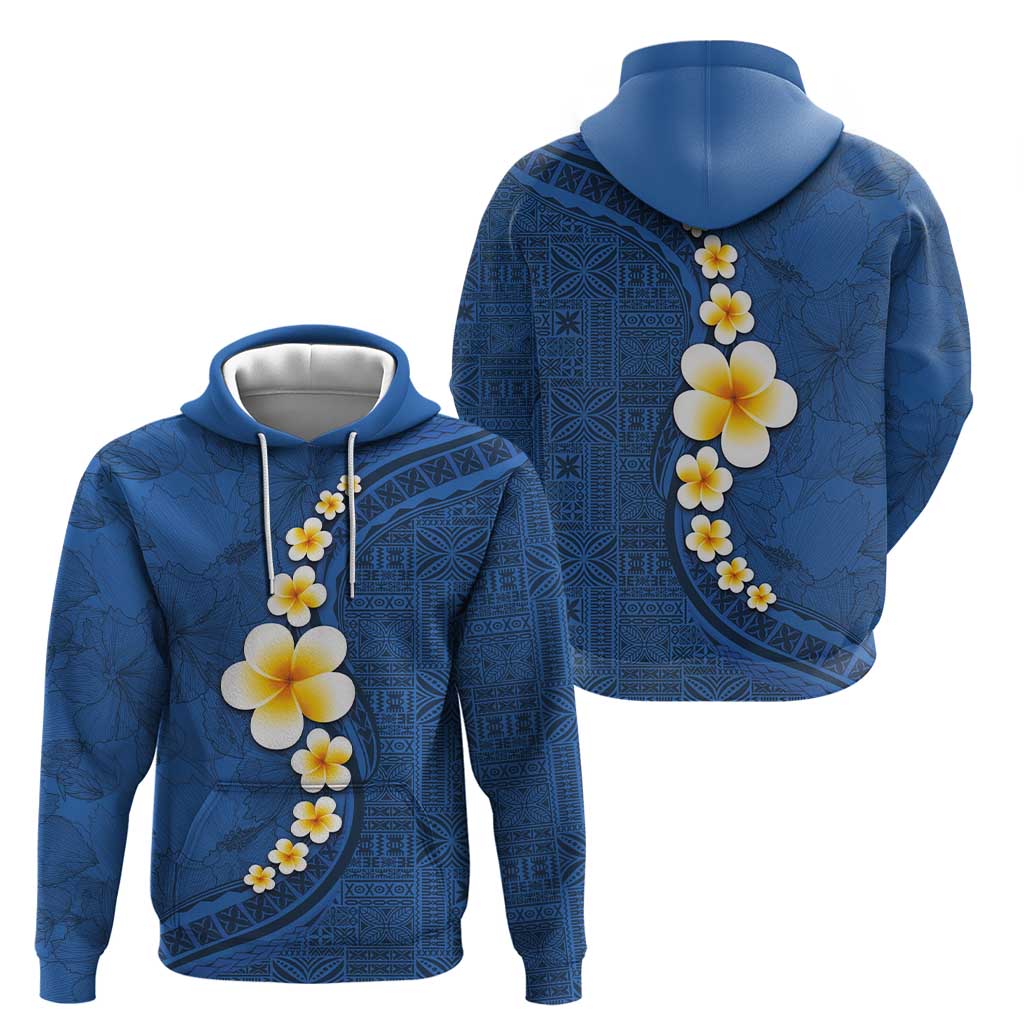 Polynesian Hibiscus and Plumeria with Tapa Pattern Zip Hoodie Blue Color