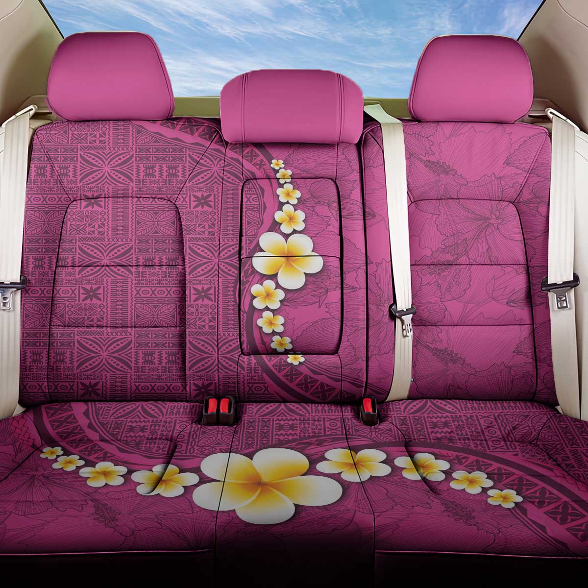 Polynesian Hibiscus and Plumeria with Tapa Pattern Back Car Seat Cover Pink Color