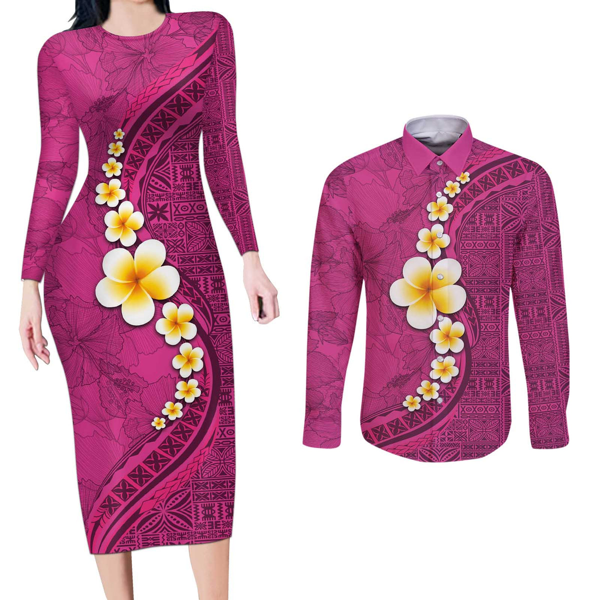 Polynesian Hibiscus and Plumeria with Tapa Pattern Couples Matching Long Sleeve Bodycon Dress and Long Sleeve Button Shirt Pink Color LT03 Pink - Polynesian Pride