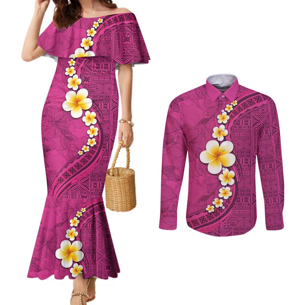 Polynesian Hibiscus and Plumeria with Tapa Pattern Couples Matching Mermaid Dress and Long Sleeve Button Shirt Pink Color LT03 Pink - Polynesian Pride