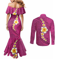 Polynesian Hibiscus and Plumeria with Tapa Pattern Couples Matching Mermaid Dress and Long Sleeve Button Shirt Pink Color LT03 - Polynesian Pride