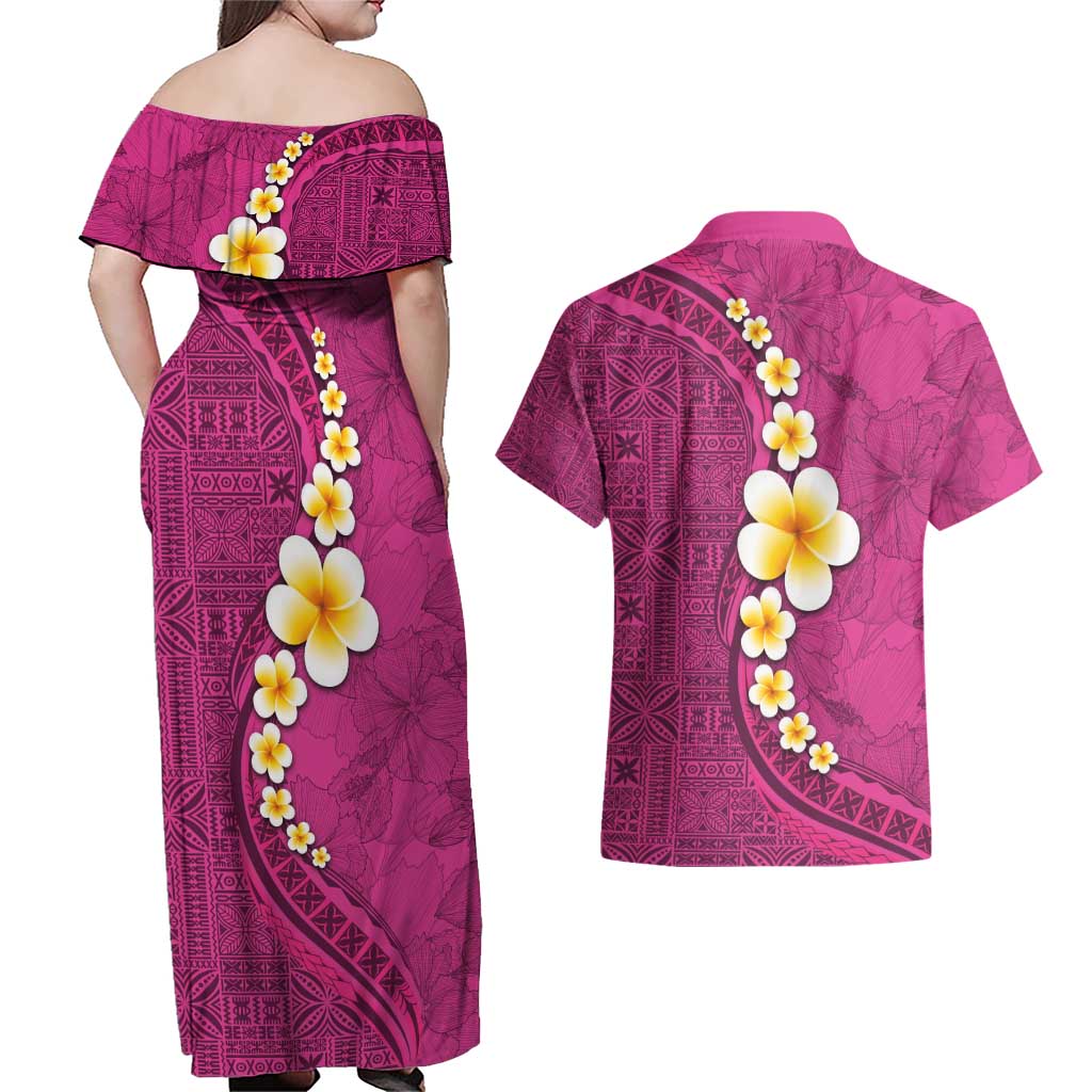 Polynesian Hibiscus and Plumeria with Tapa Pattern Couples Matching Off Shoulder Maxi Dress and Hawaiian Shirt Pink Color