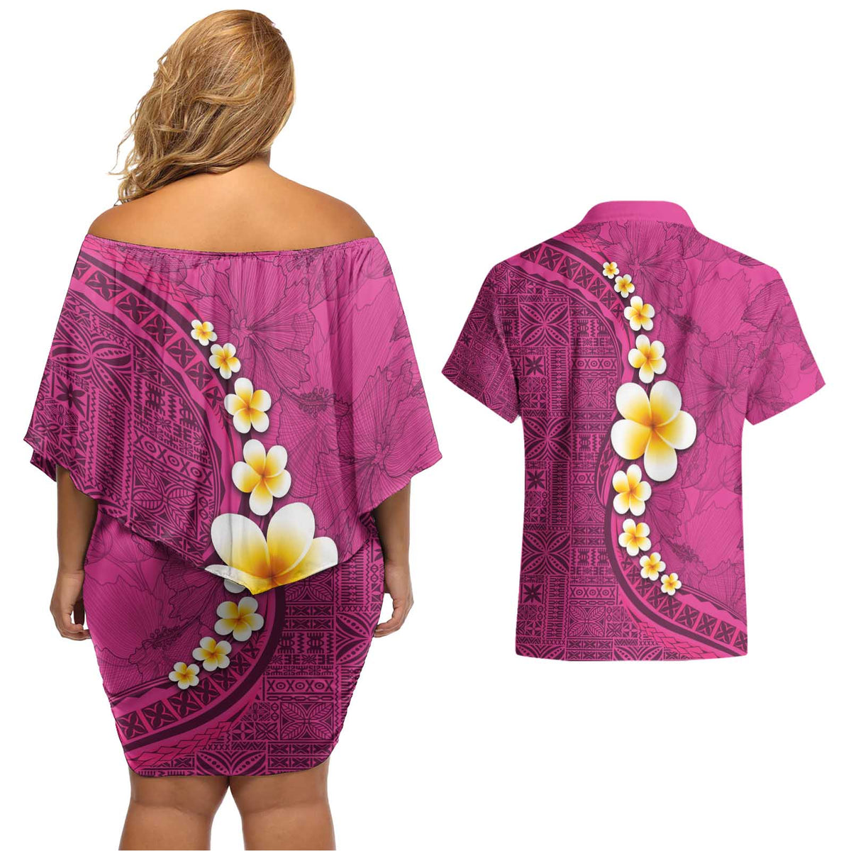 Polynesian Hibiscus and Plumeria with Tapa Pattern Couples Matching Off Shoulder Short Dress and Hawaiian Shirt Pink Color LT03 - Polynesian Pride