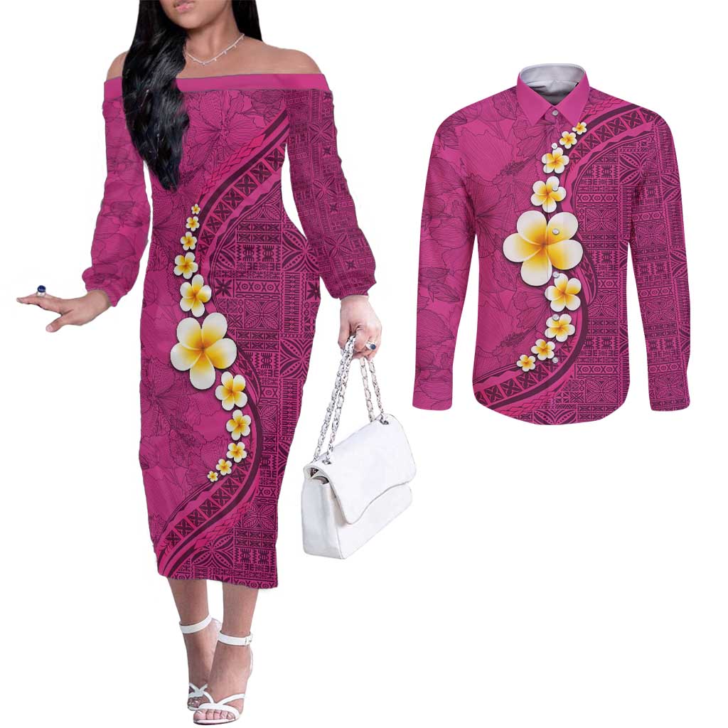Polynesian Hibiscus and Plumeria with Tapa Pattern Couples Matching Off The Shoulder Long Sleeve Dress and Long Sleeve Button Shirt Pink Color LT03 Pink - Polynesian Pride
