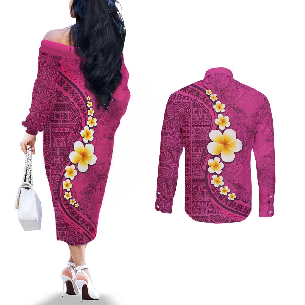 Polynesian Hibiscus and Plumeria with Tapa Pattern Couples Matching Off The Shoulder Long Sleeve Dress and Long Sleeve Button Shirt Pink Color LT03 - Polynesian Pride