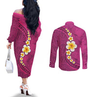 Polynesian Hibiscus and Plumeria with Tapa Pattern Couples Matching Off The Shoulder Long Sleeve Dress and Long Sleeve Button Shirt Pink Color LT03 - Polynesian Pride