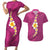 Polynesian Hibiscus and Plumeria with Tapa Pattern Couples Matching Short Sleeve Bodycon Dress and Hawaiian Shirt Pink Color