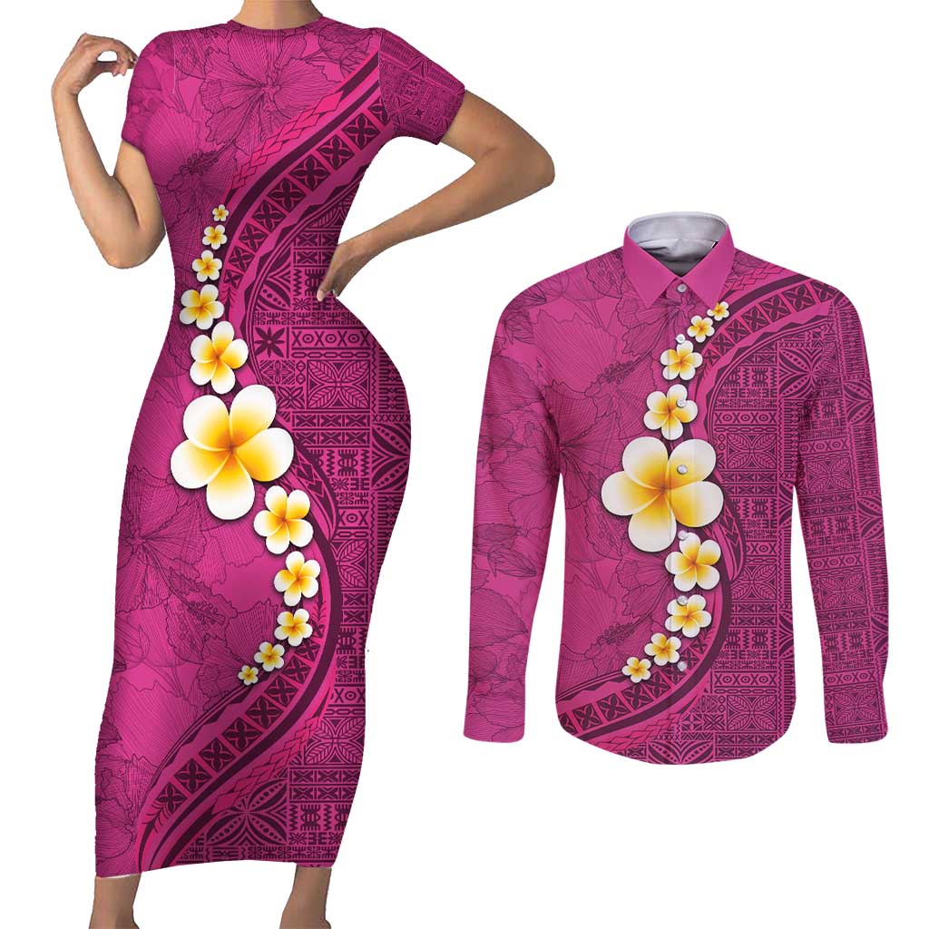 Polynesian Hibiscus and Plumeria with Tapa Pattern Couples Matching Short Sleeve Bodycon Dress and Long Sleeve Button Shirt Pink Color LT03 Pink - Polynesian Pride
