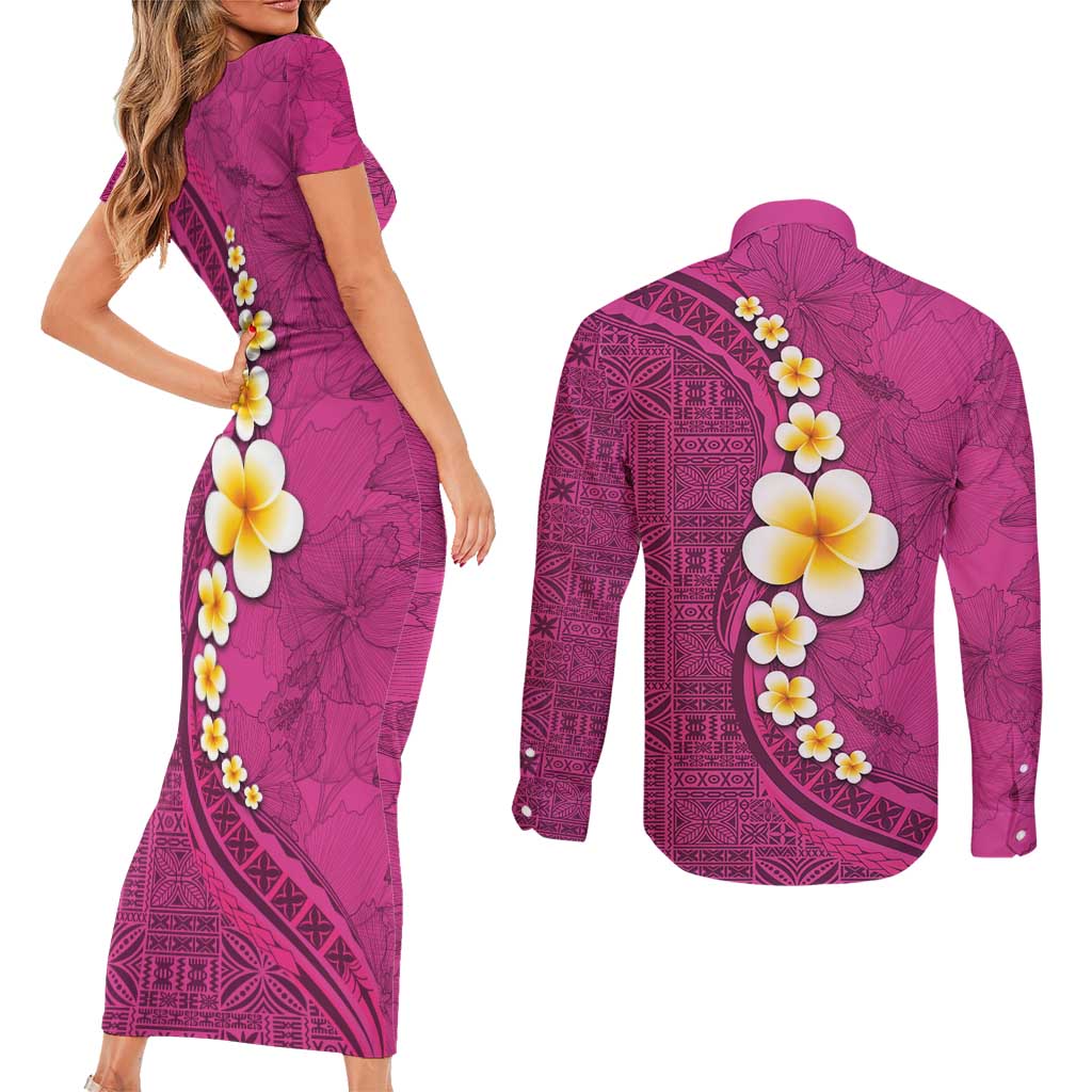 Polynesian Hibiscus and Plumeria with Tapa Pattern Couples Matching Short Sleeve Bodycon Dress and Long Sleeve Button Shirt Pink Color LT03 - Polynesian Pride