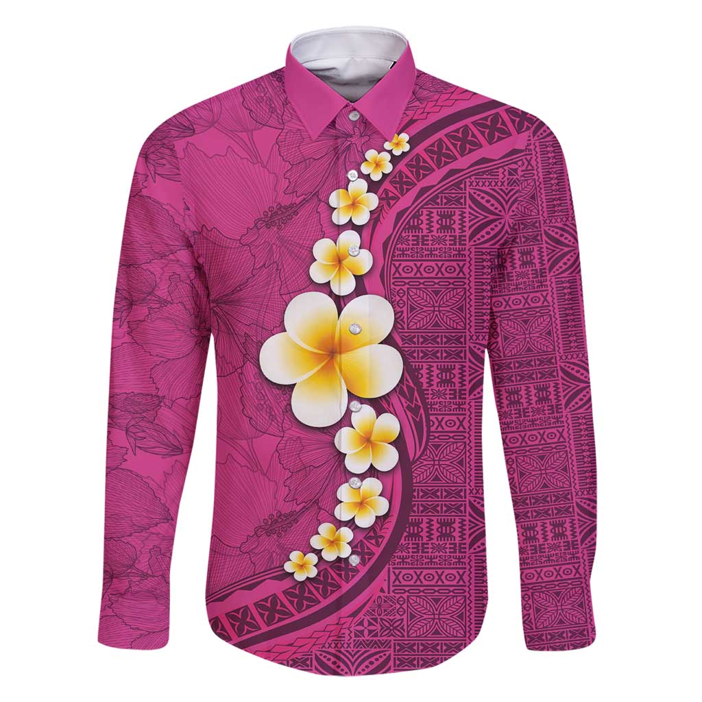 Polynesian Hibiscus and Plumeria with Tapa Pattern Family Matching Long Sleeve Bodycon Dress and Hawaiian Shirt Pink Color