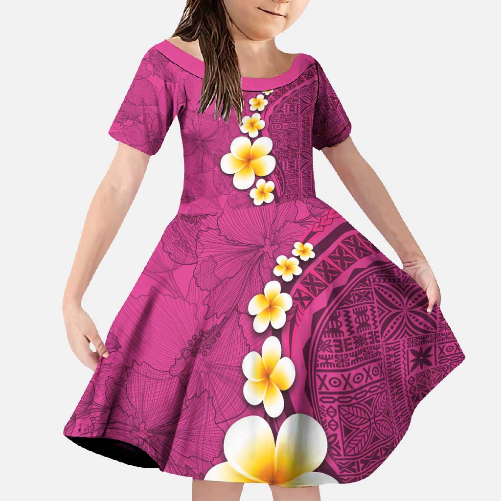 Polynesian Hibiscus and Plumeria with Tapa Pattern Family Matching Mermaid Dress and Hawaiian Shirt Pink Color LT03 Daughter's Dress Pink - Polynesian Pride