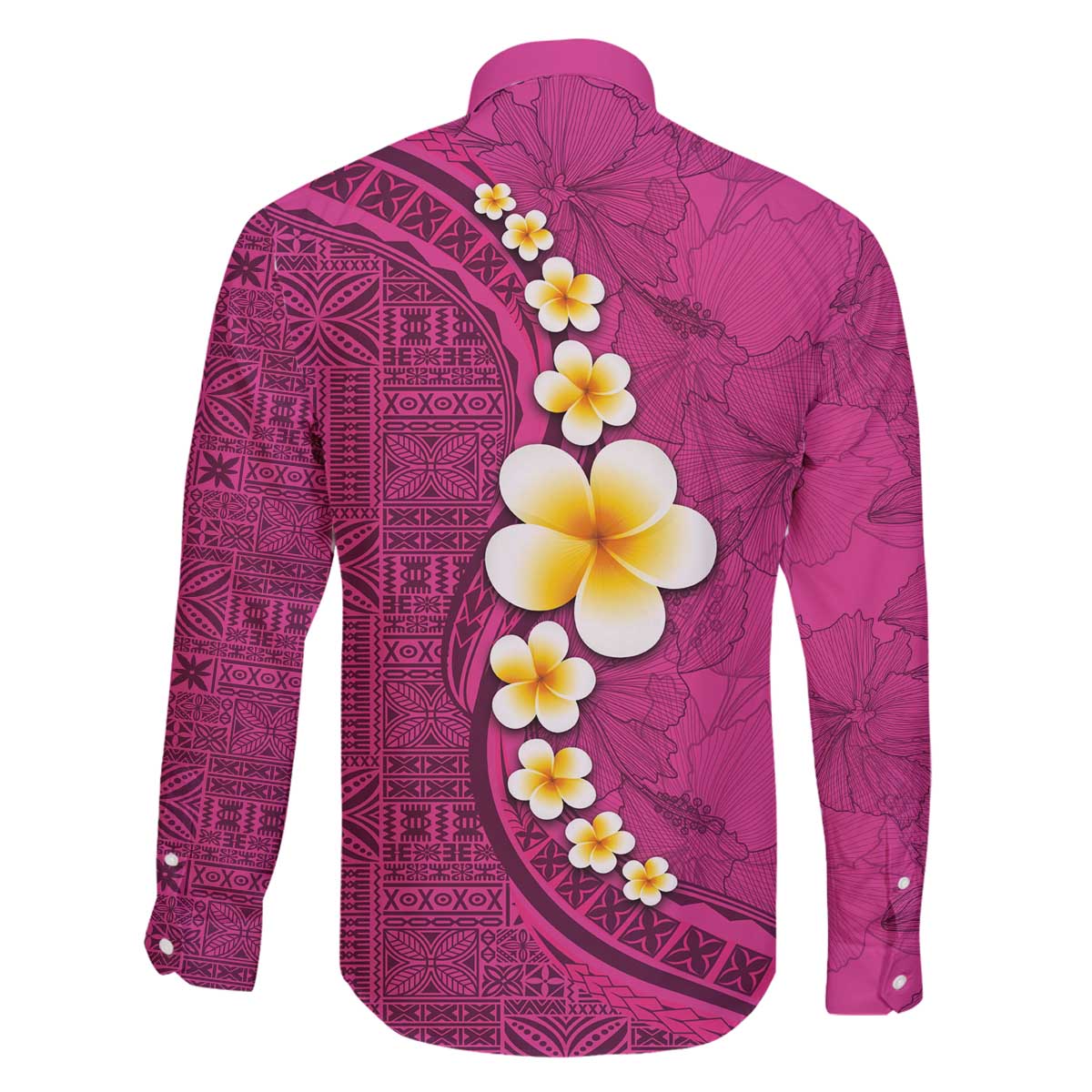 Polynesian Hibiscus and Plumeria with Tapa Pattern Family Matching Off The Shoulder Long Sleeve Dress and Hawaiian Shirt Pink Color