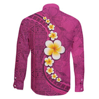 Polynesian Hibiscus and Plumeria with Tapa Pattern Family Matching Off Shoulder Maxi Dress and Hawaiian Shirt Pink Color
