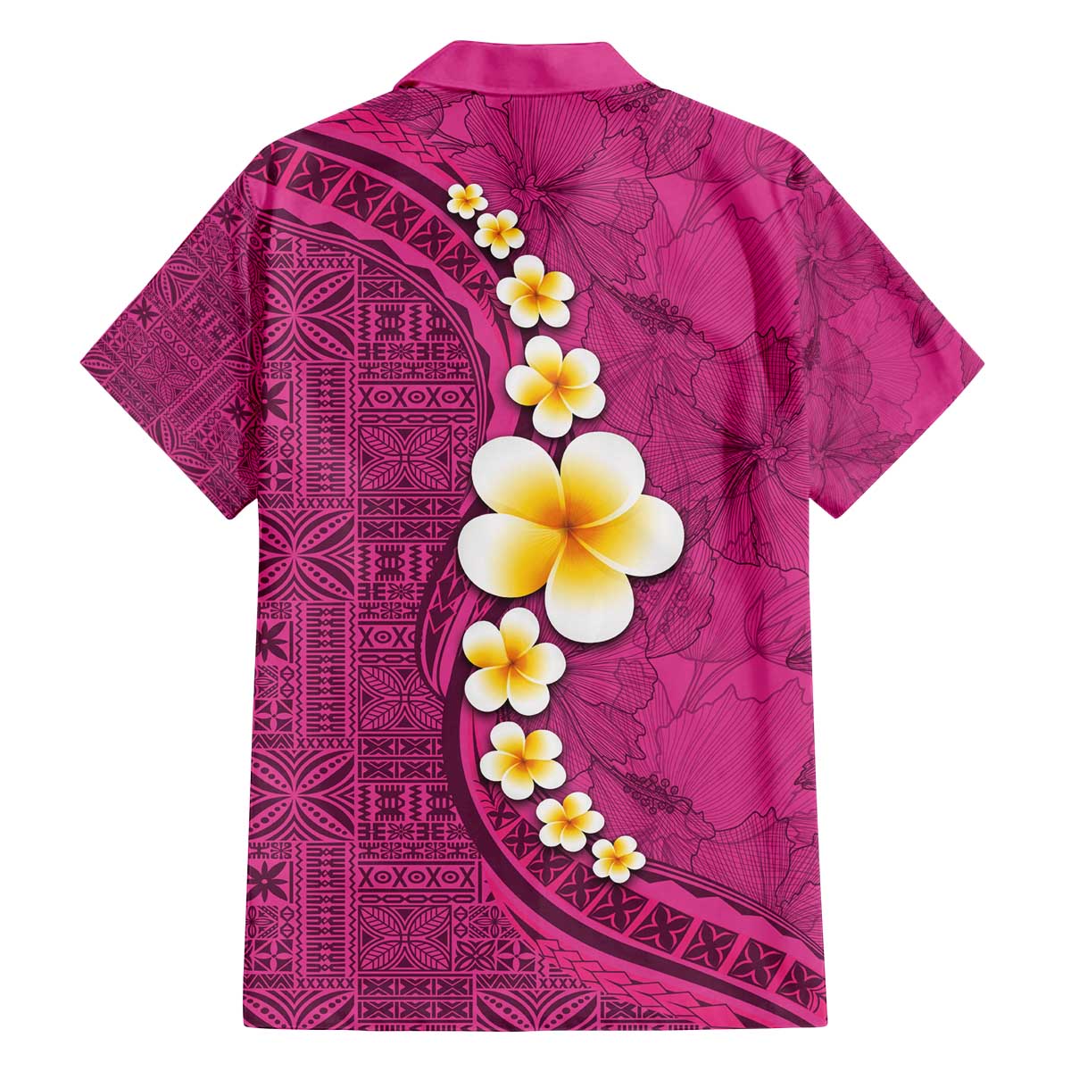 Polynesian Hibiscus and Plumeria with Tapa Pattern Family Matching Off Shoulder Short Dress and Hawaiian Shirt Pink Color LT03 - Polynesian Pride