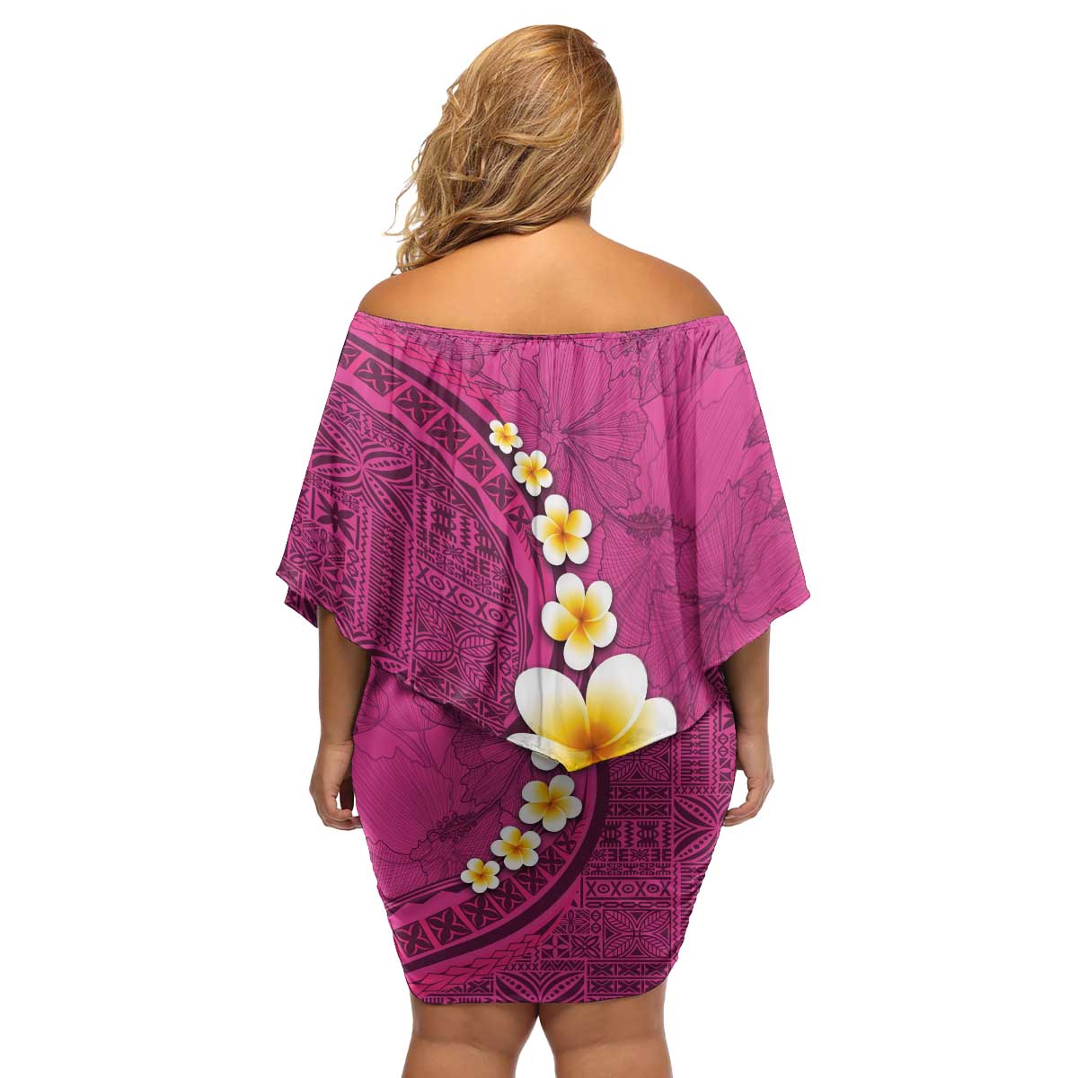 Polynesian Hibiscus and Plumeria with Tapa Pattern Family Matching Off Shoulder Short Dress and Hawaiian Shirt Pink Color LT03 - Polynesian Pride