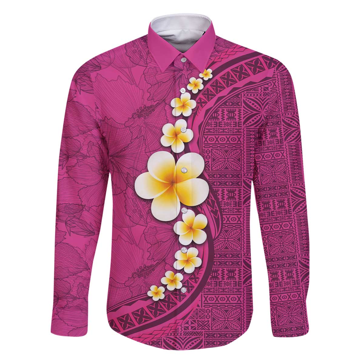 Polynesian Hibiscus and Plumeria with Tapa Pattern Family Matching Puletasi and Hawaiian Shirt Pink Color
