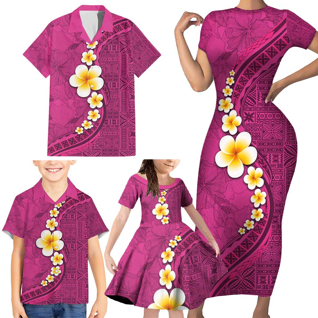 Polynesian Hibiscus and Plumeria with Tapa Pattern Family Matching Short Sleeve Bodycon Dress and Hawaiian Shirt Pink Color LT03 - Polynesian Pride