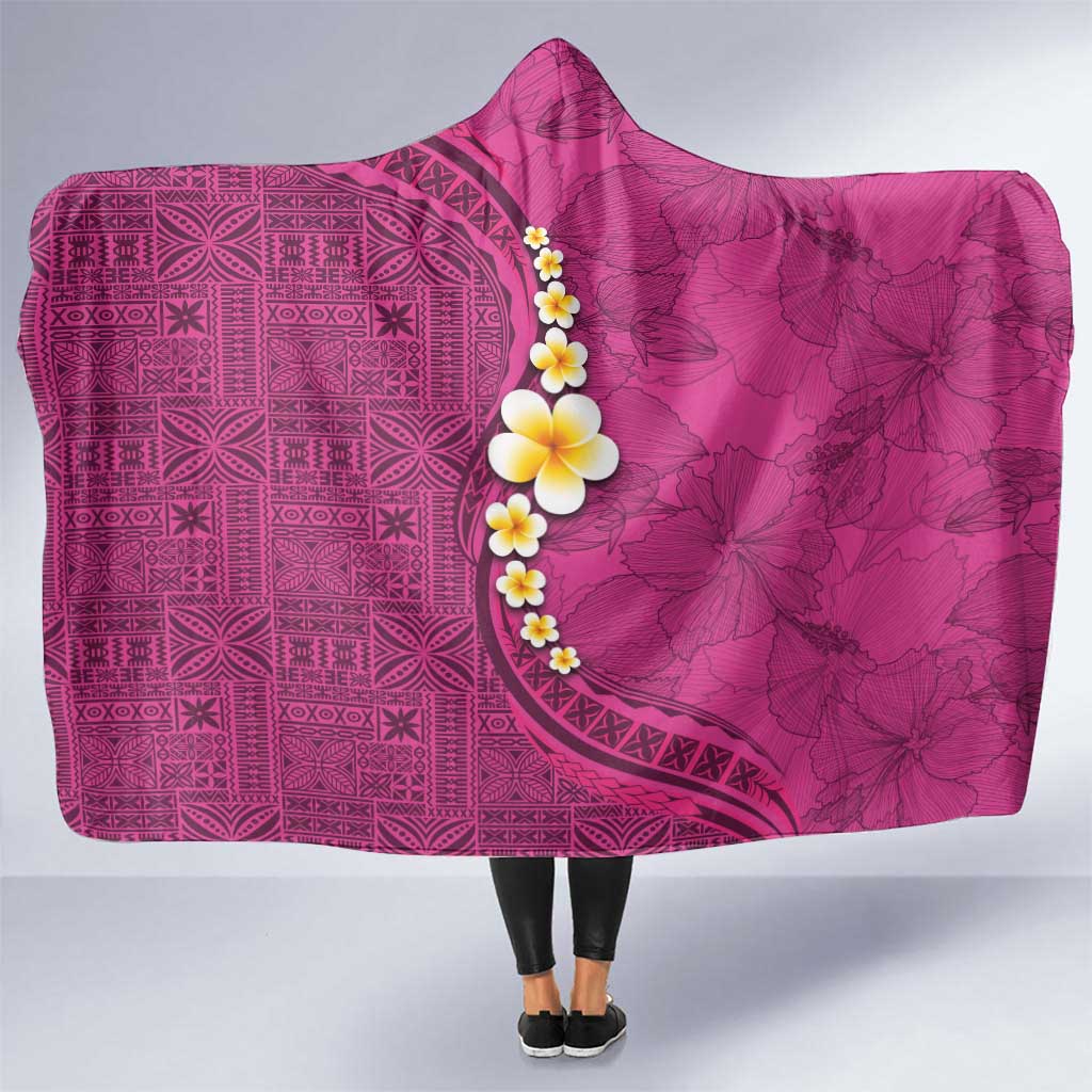 Polynesian Hibiscus and Plumeria with Tapa Pattern Hooded Blanket Pink Color