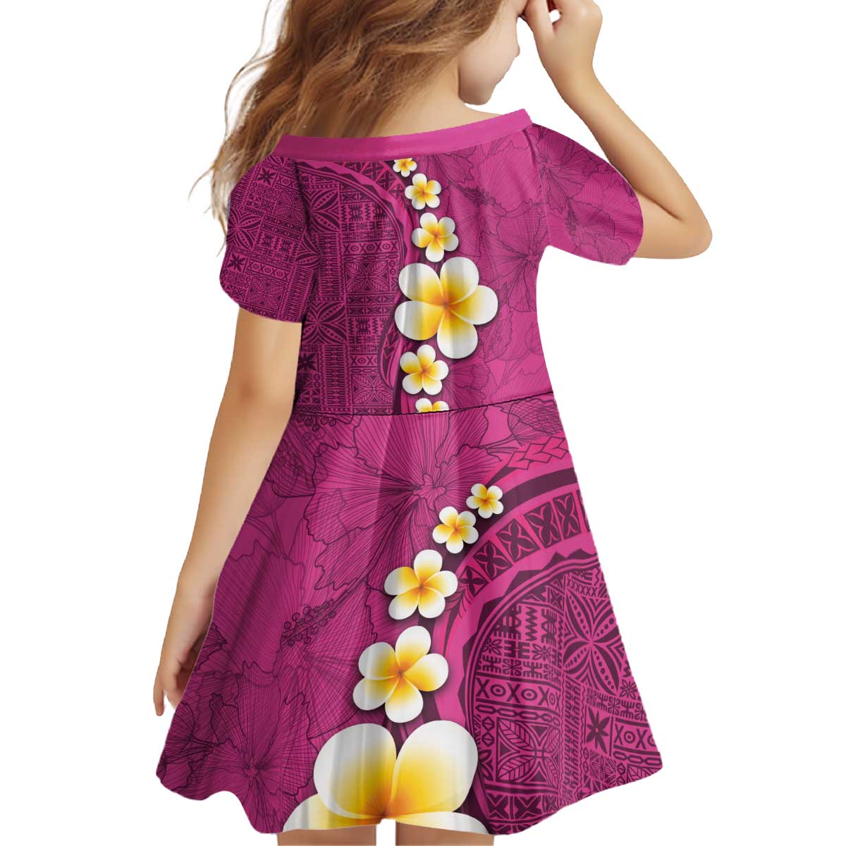 Polynesian Hibiscus and Plumeria with Tapa Pattern Kid Short Sleeve Dress Pink Color