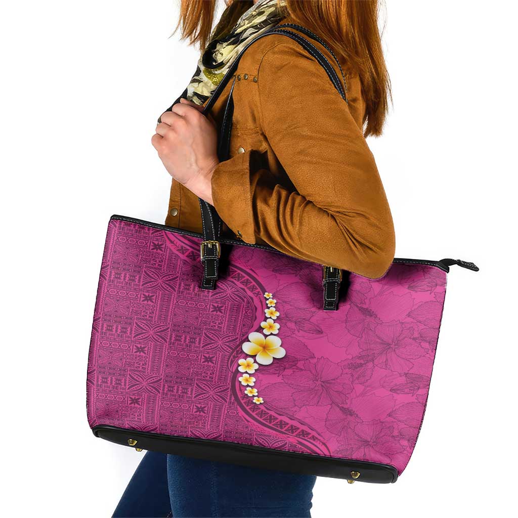 Polynesian Hibiscus and Plumeria with Tapa Pattern Leather Tote Bag Pink Color LT03 Pink - Polynesian Pride