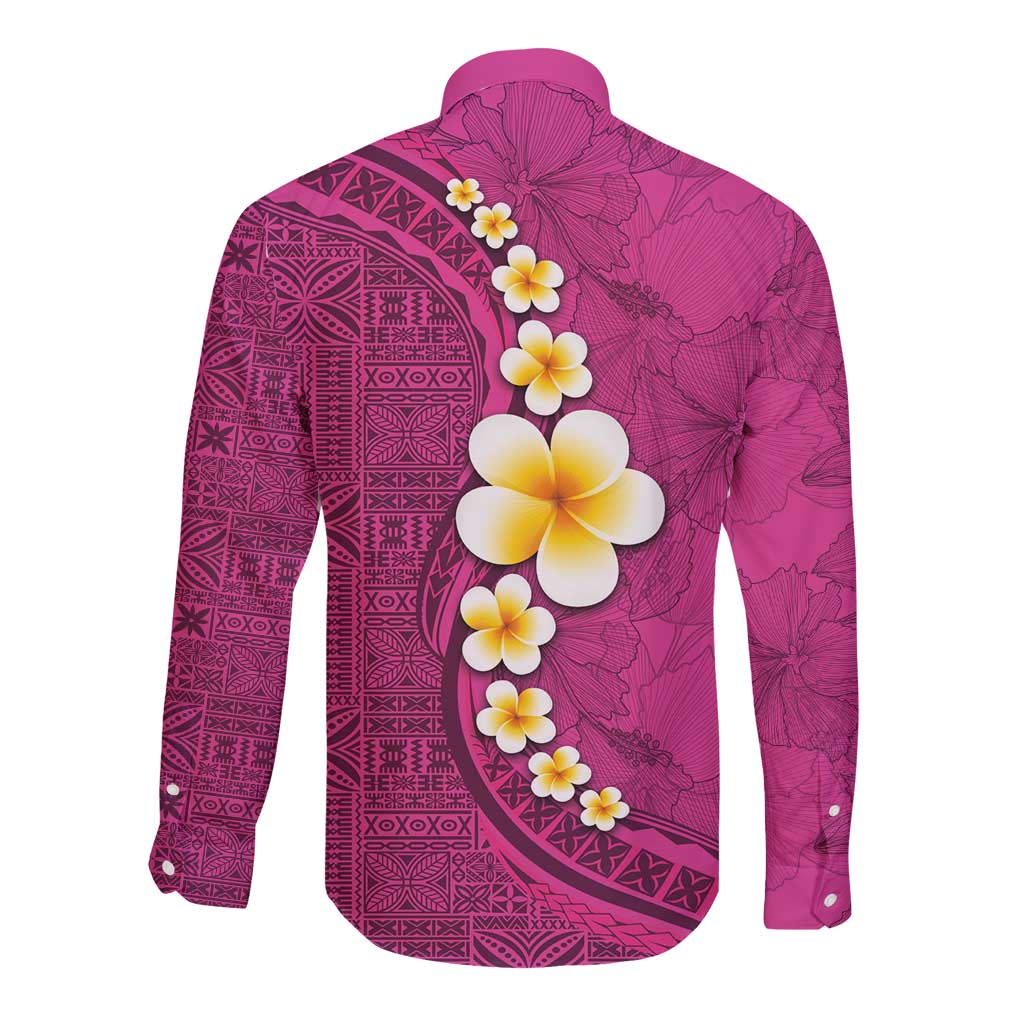 Polynesian Hibiscus and Plumeria with Tapa Pattern Long Sleeve Button Shirt Pink Color LT03 - Polynesian Pride