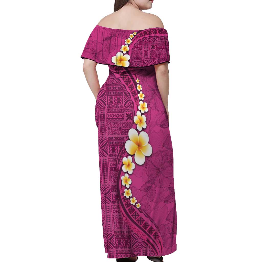 Polynesian Hibiscus and Plumeria with Tapa Pattern Off Shoulder Maxi Dress Pink Color LT03 - Polynesian Pride