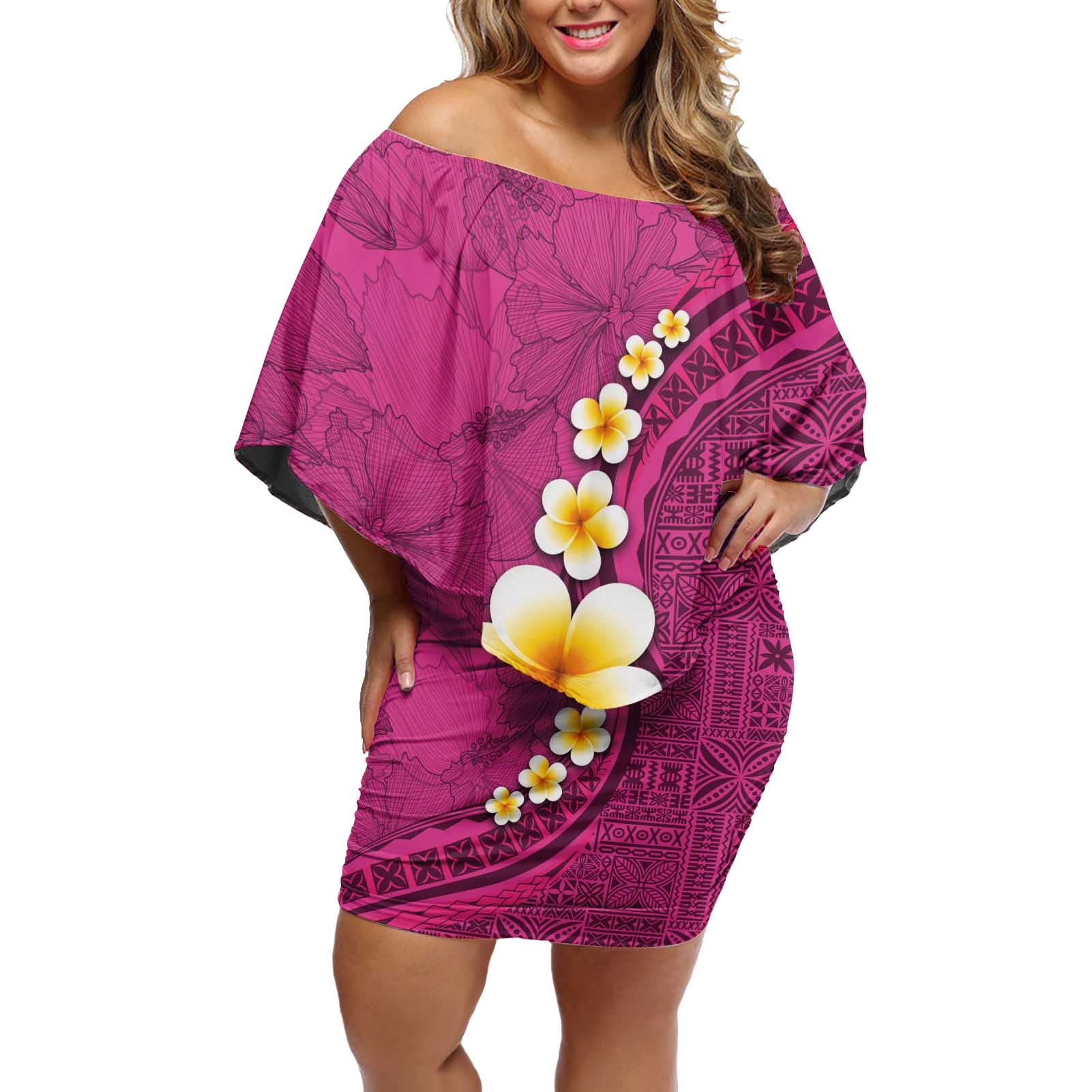 Polynesian Hibiscus and Plumeria with Tapa Pattern Off Shoulder Short Dress Pink Color