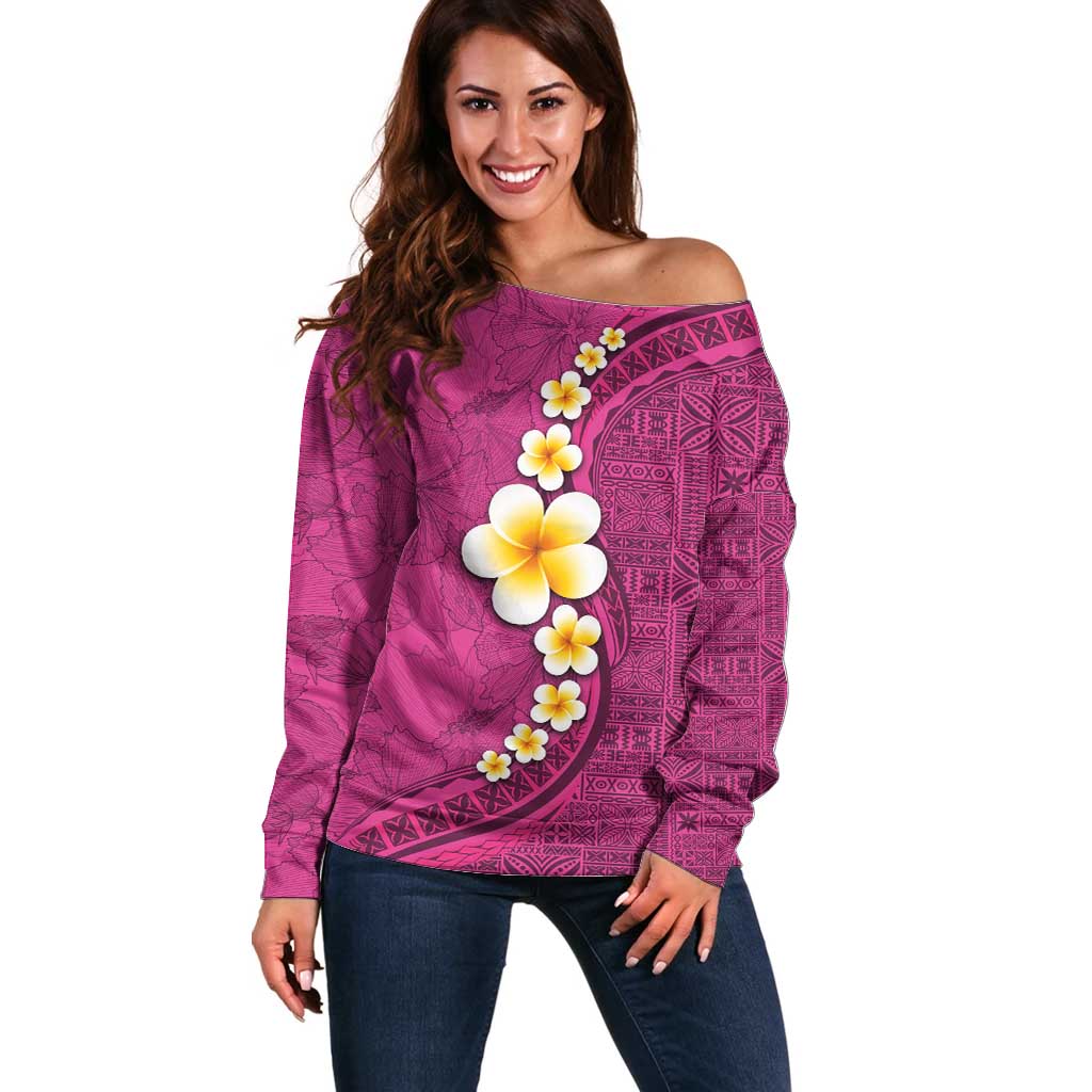 Polynesian Hibiscus and Plumeria with Tapa Pattern Off Shoulder Sweater Pink Color