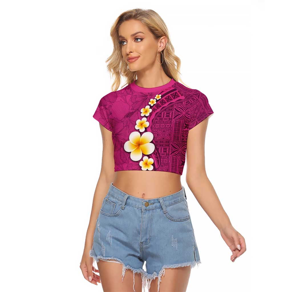 Polynesian Hibiscus and Plumeria with Tapa Pattern Raglan Cropped T Shirt Pink Color LT03 Female Pink - Polynesian Pride